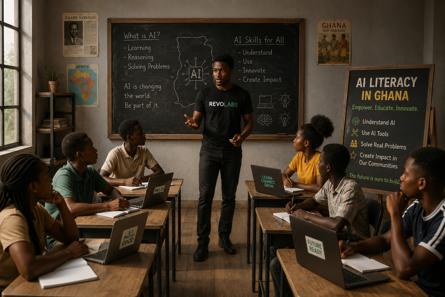 Facilitator teaching AI literacy on a classroom chalkboard